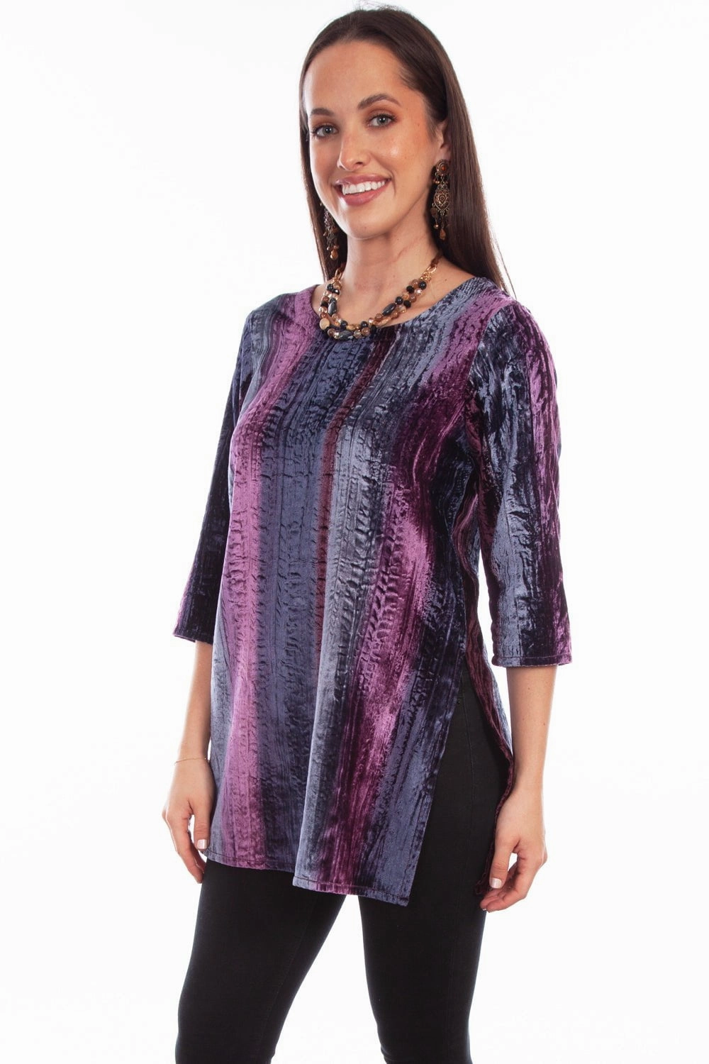 Scully Womens Vibrant Velvet Plum Nylon Viscose 3/4 Sleeve S/S Tunic Reinforced Seams