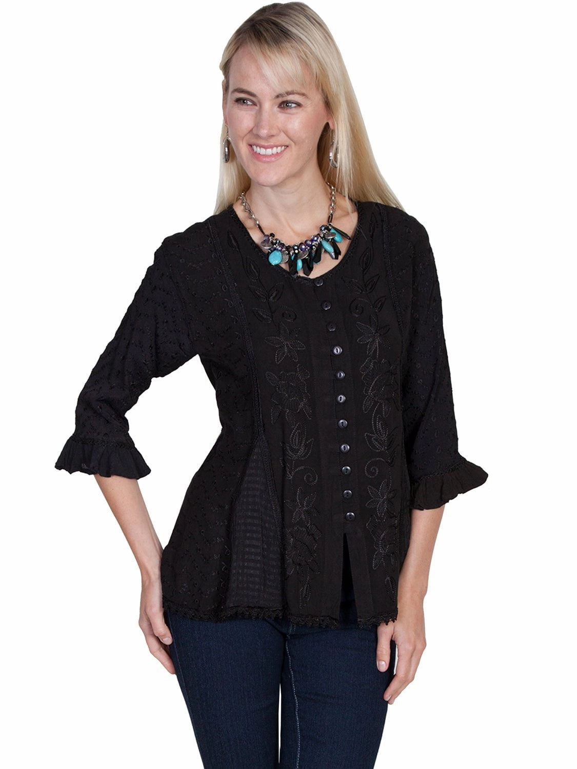Edgy style Scully Honey Creek Womens Black 100% Rayon 3/4 Sleeve Fabric Blouse