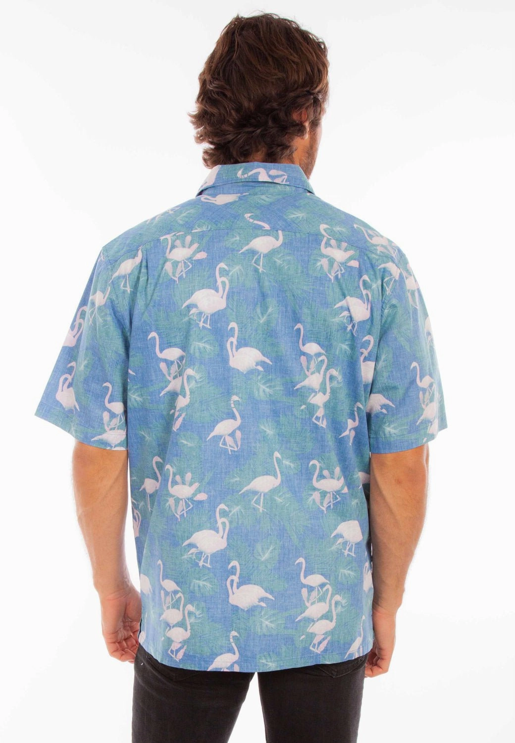 Anti Pilling Surface Scully Mens Hawaiian Flamingo Capri Blue 100% Cotton S/S Shirt