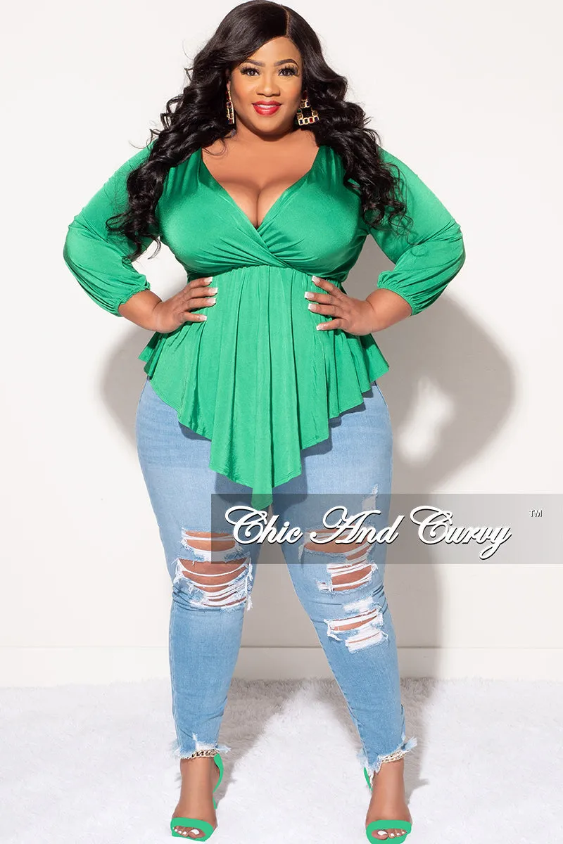 Final Sale Plus Size Faux Wrap Asymmetrical Top in Green Lightweight Fabric Basic Style