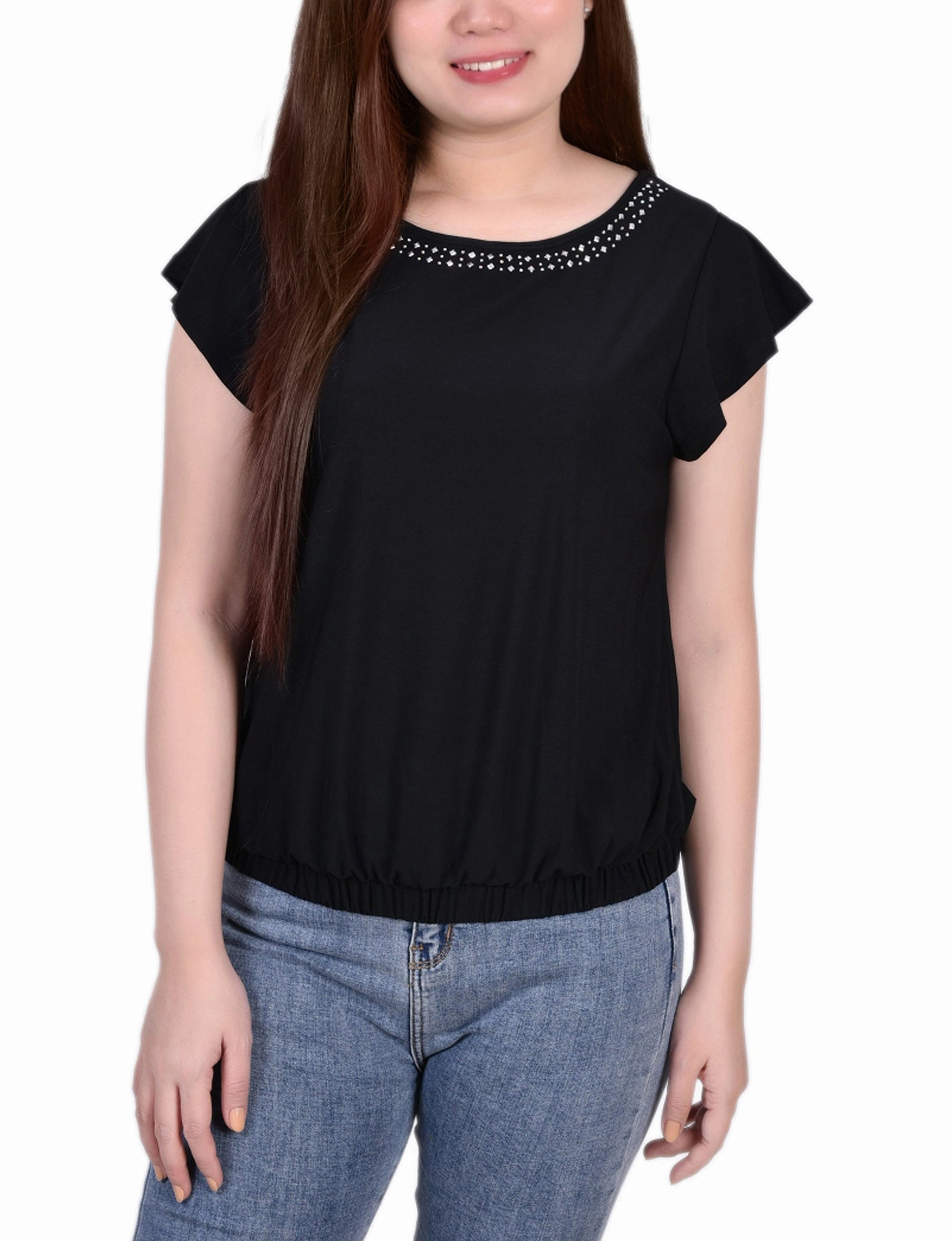 MoistureManagementSystem Lightweight Layering Option Petite Short Flutter Sleeve Top With Studded Neckline