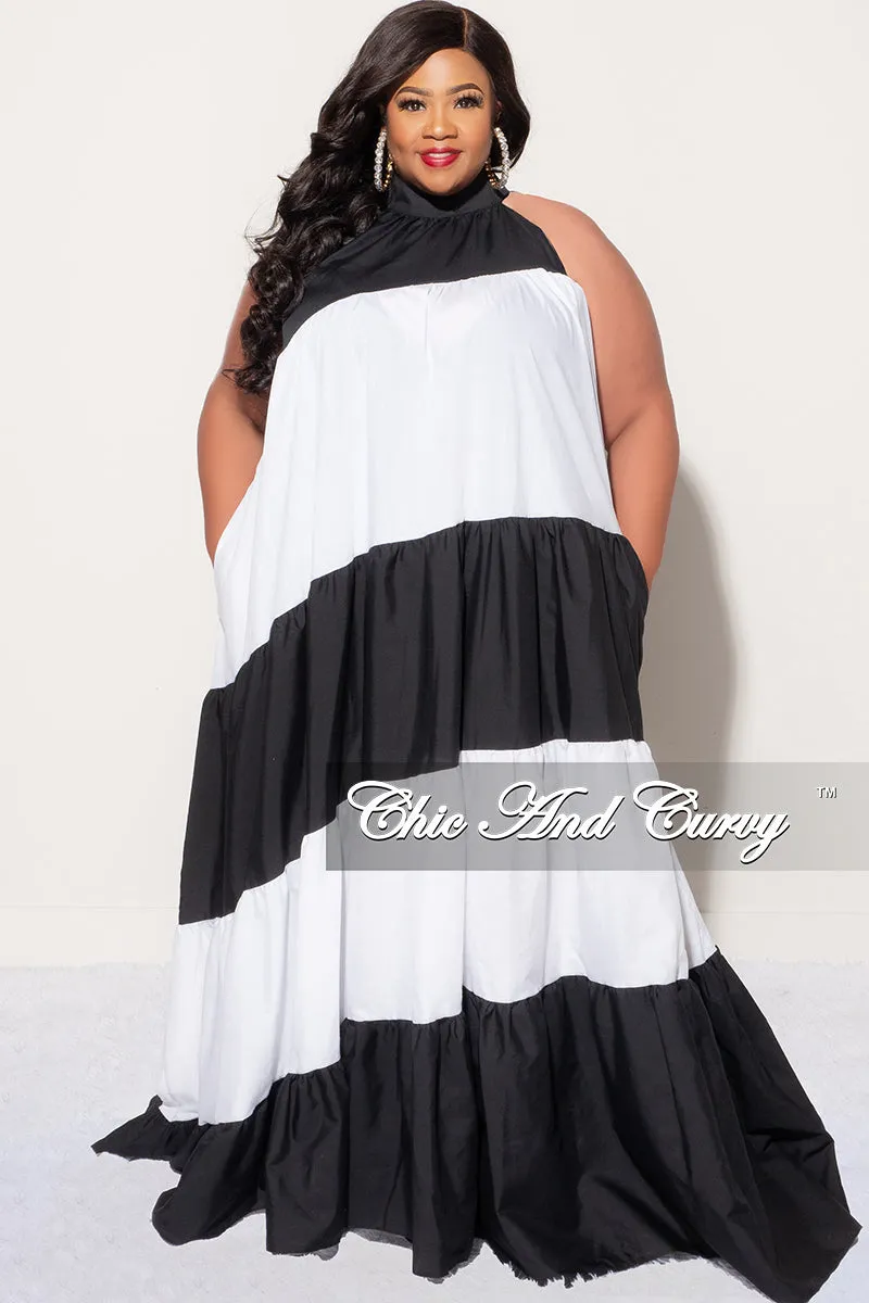 Durable Fabric Final Sale Plus Size Halter Maxi Dress in Black & White