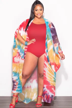 slim cut Final Sale Plus Size Chiffon Duster With Wrist Cuff in Red /Purple Multi Tie Dye