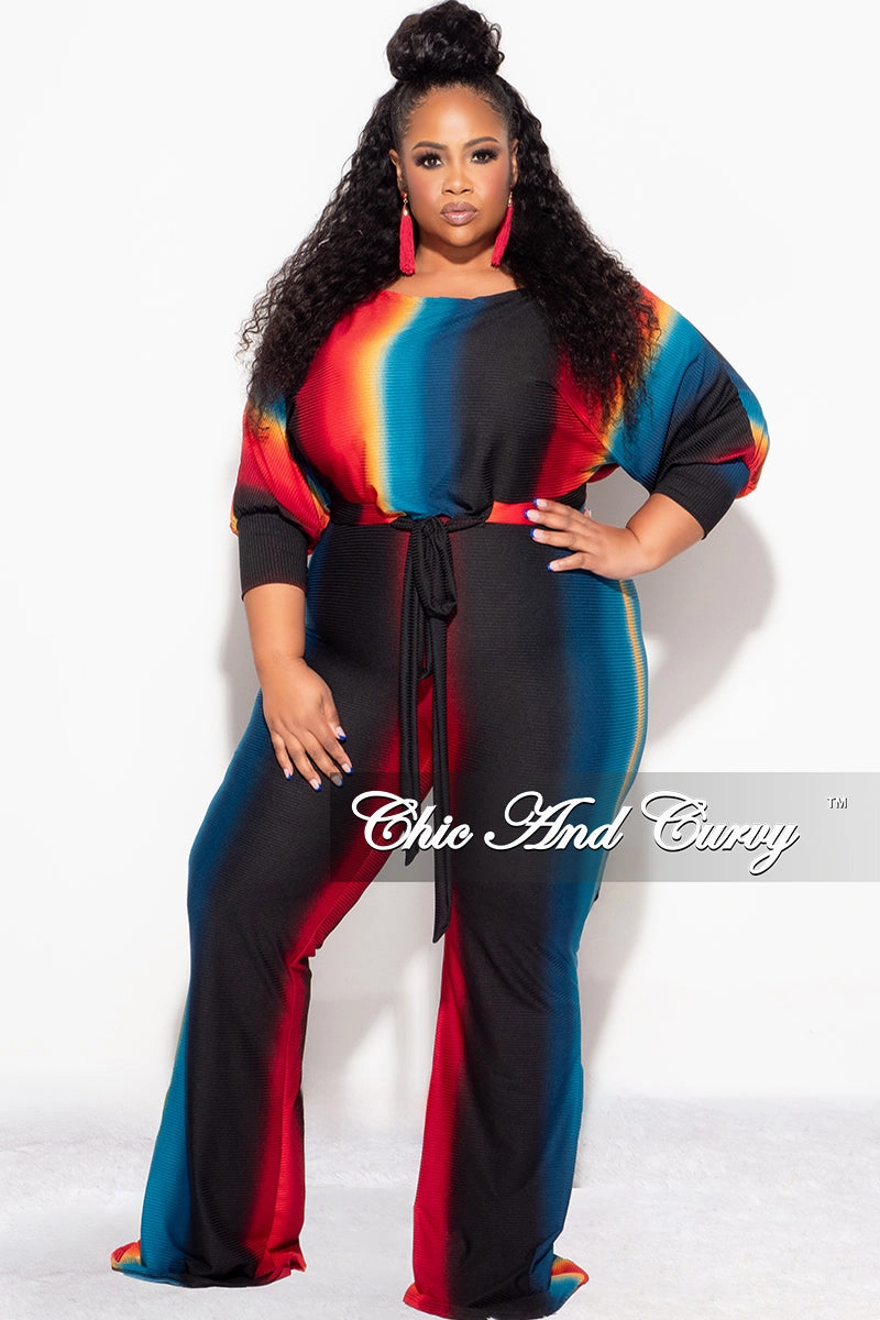 Final Sale Plus Size 2pc Ribbed Tie Top and Pants Set In Black, Teal & Red Side zipper