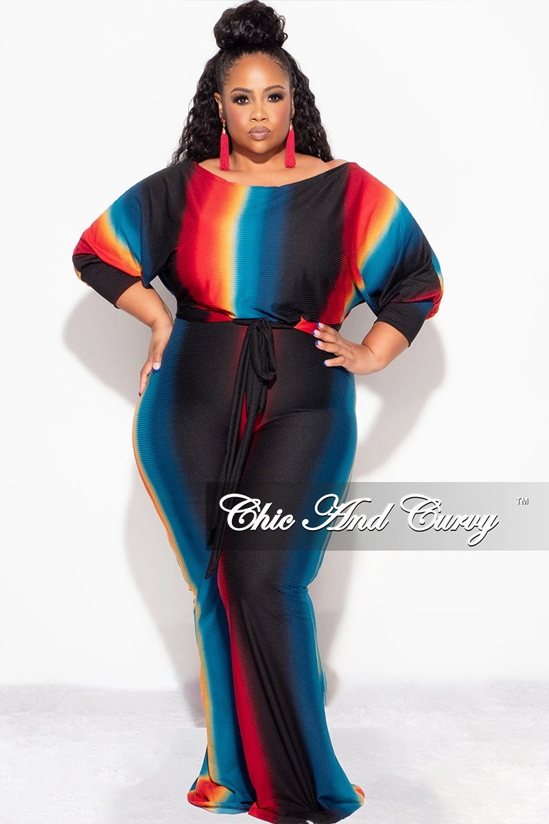 Final Sale Plus Size 2pc Ribbed Tie Top and Pants Set In Black, Teal & Red Smart Layering Tough Stretch