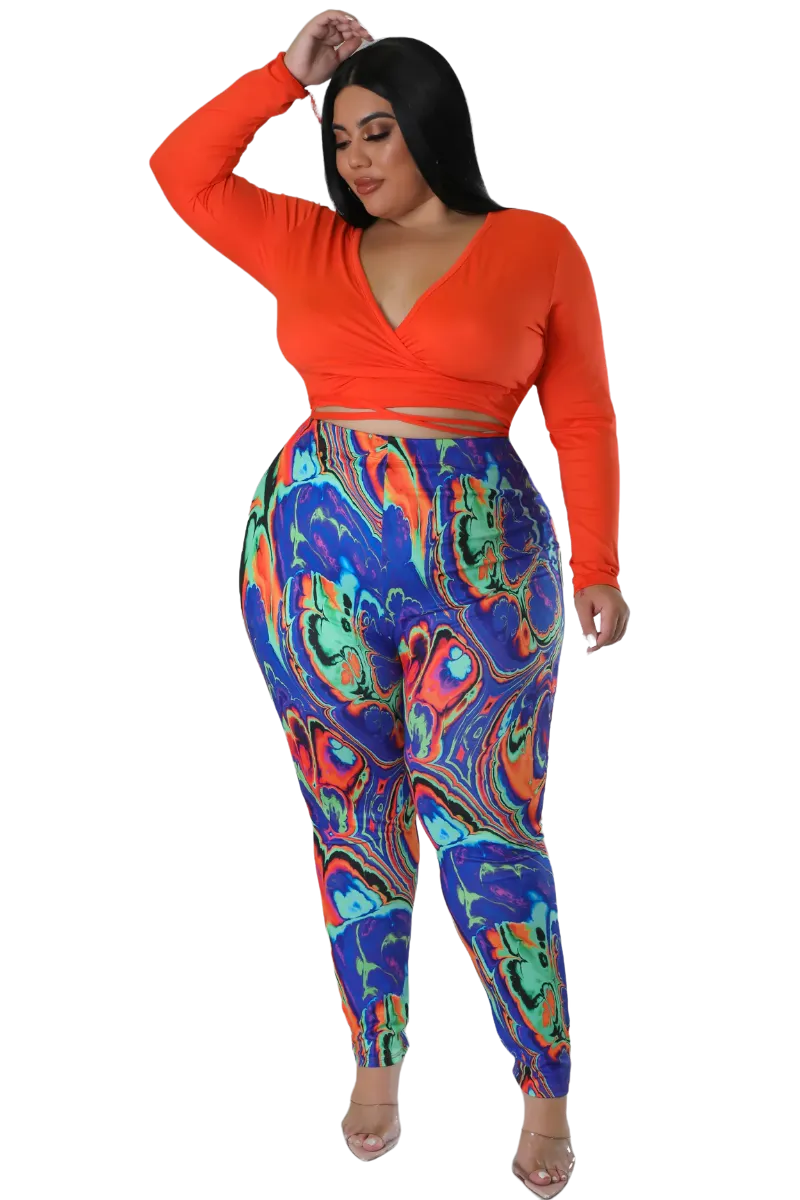 Active Comfort Breathable Comfort Final Sale Plus Size 2pc Long Sleeve Faux Wrap Collar Orange Crop Tie Top and Pants in Multi Color Swirl Print