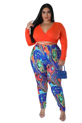 Final Sale Plus Size 2pc Long Sleeve Faux Wrap Collar Orange Crop Tie Top and Pants in Multi Color Swirl Print High Mobility
