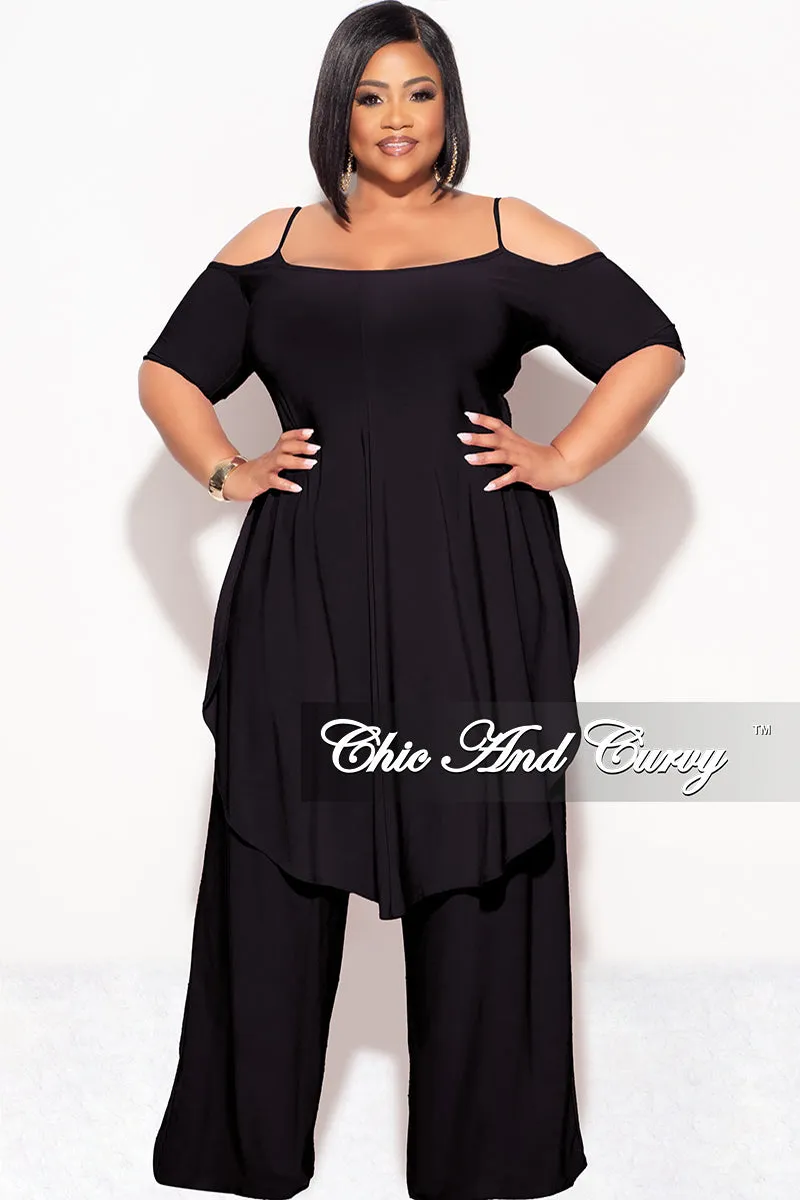 DoubleLayeredHem Sport Comfort Fit Final Sale Plus Size 2pc Cold Shoulder High Low Top and Wide Leg Pants in Black