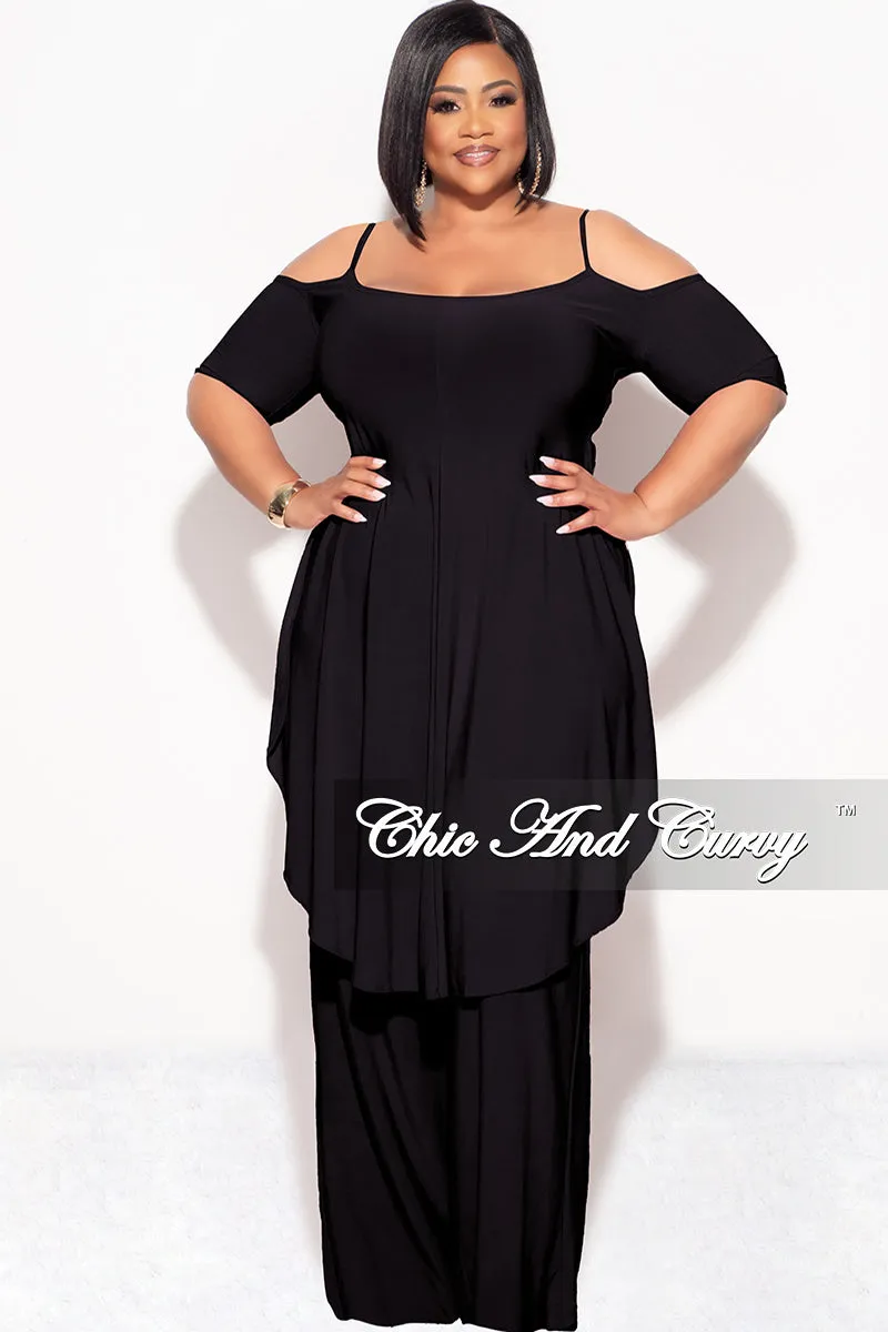Final Sale Plus Size 2pc Cold Shoulder High Low Top and Wide Leg Pants in Black Perfect Shape Basic Look