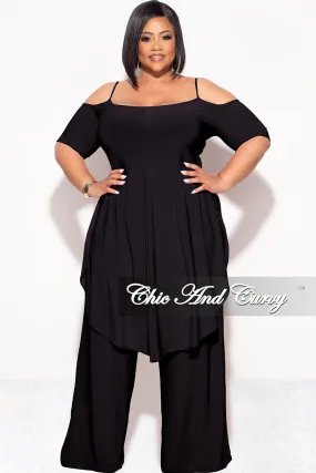 Detachable belt Cool Touch Final Sale Plus Size 2pc Cold Shoulder High Low Top and Wide Leg Pants in Black