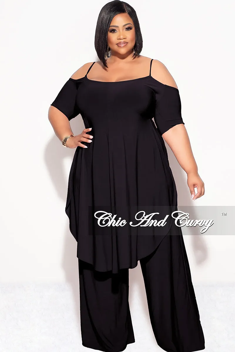 Minimal Edge Final Sale Plus Size 2pc Cold Shoulder High Low Top and Wide Leg Pants in Black