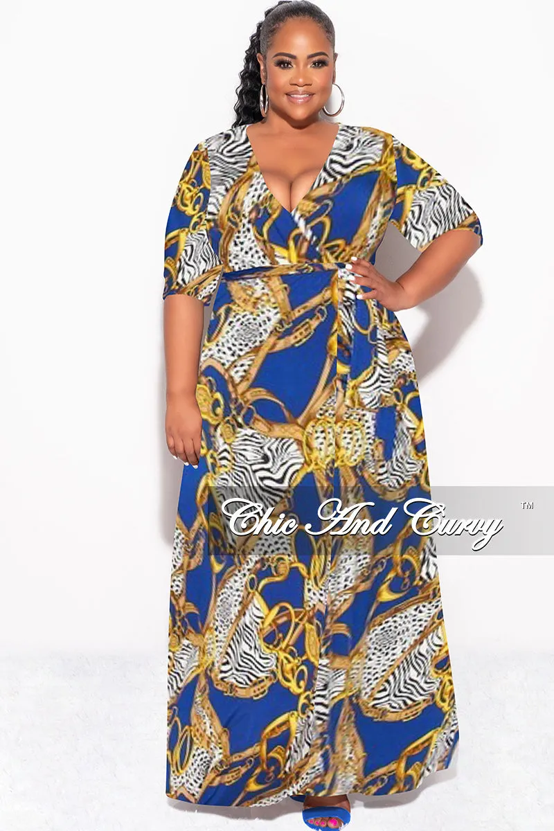 Final Sale Plus Size Deep V Faux Wrap Dress with 3/4 Sleeves in Blue Black Print Essential Comfort Wear Body Fit