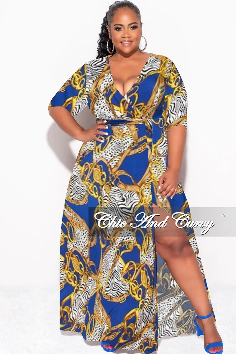Fit Control Final Sale Plus Size Deep V Faux Wrap Dress with 3/4 Sleeves in Blue Black Print