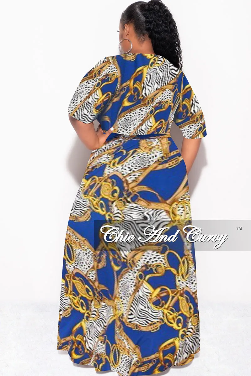 Final Sale Plus Size Deep V Faux Wrap Dress with 3/4 Sleeves in Blue Black Print Multi Pocket Configuration
