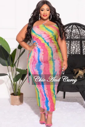 NonRestrictiveCut Tough Style Final Sale Plus Size Double Strap BodyCon Dress with Cutout Side in Pink Multi Color Tie Dye Print