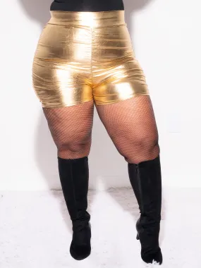 Final Sale Plus Size Faux Leather Shorts with Ruched Sides in Gold Flowy legs