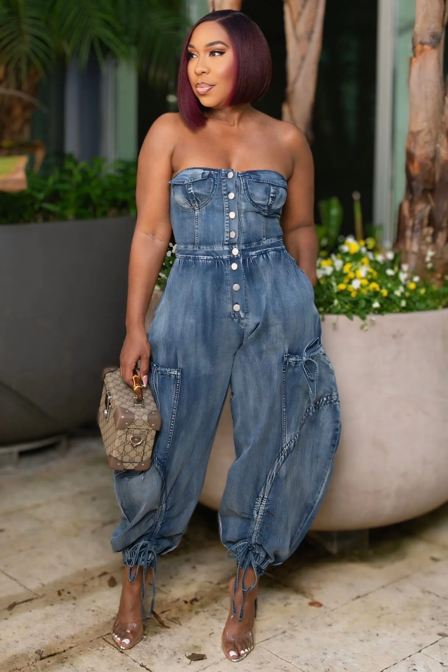 Street Mood Travel Outfit Street Fashion Creative Look Erika Denim Strapless Utility Jumpsuit