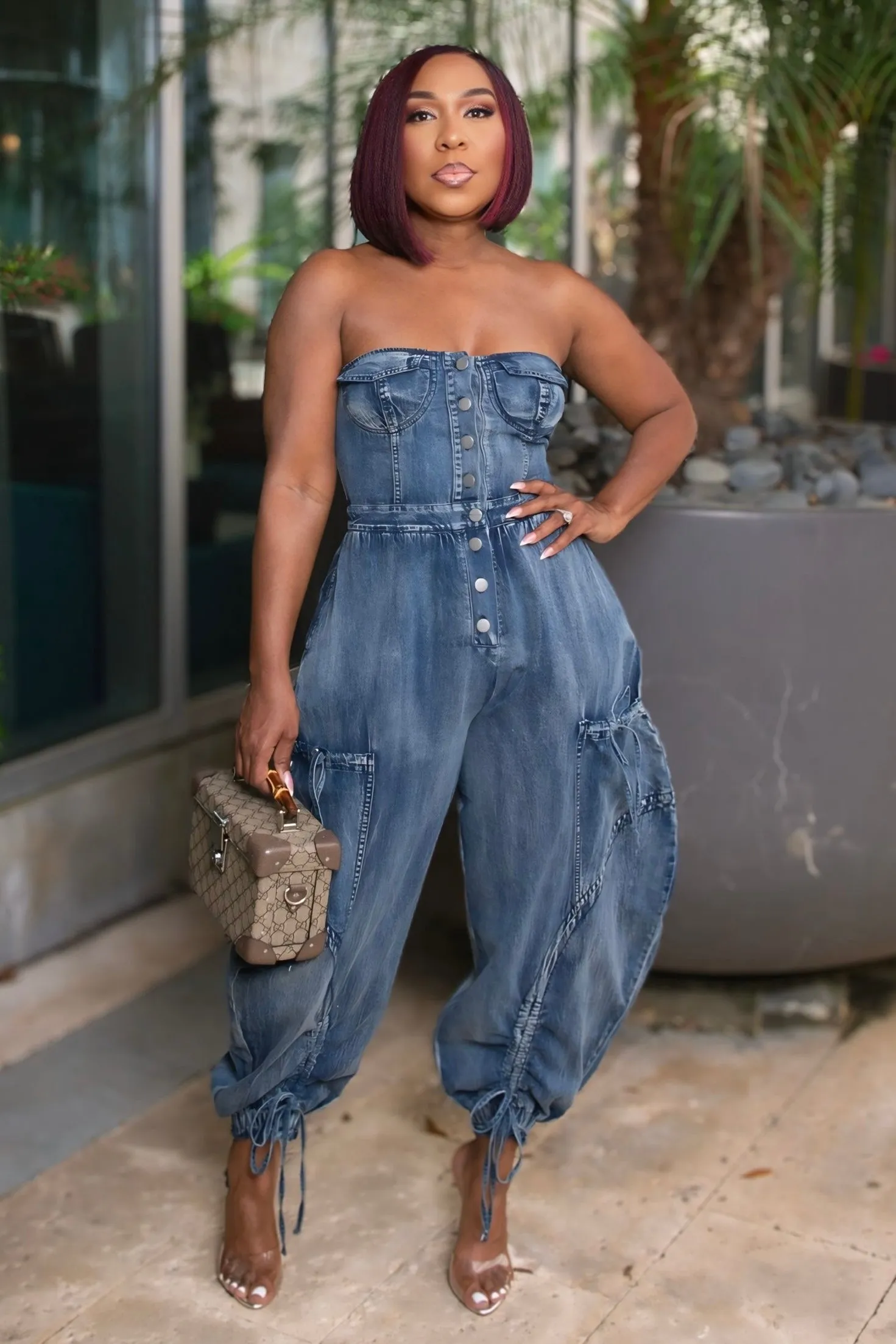 Erika Denim Strapless Utility Jumpsuit Neutral Vibrant Chill Outfit Style Element