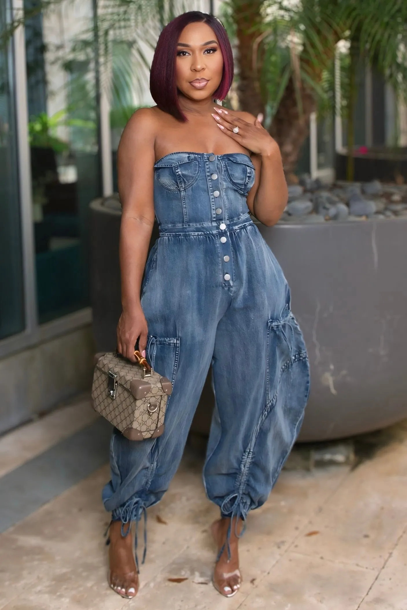 Erika Denim Strapless Utility Jumpsuit Clean Shape Abrasion Resistant Denim
