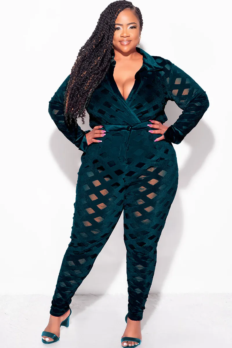 Final Sale Plus Size 2Pc Velvet Pants & Long Sleeve Bodysuit in Dark Green Wide fit