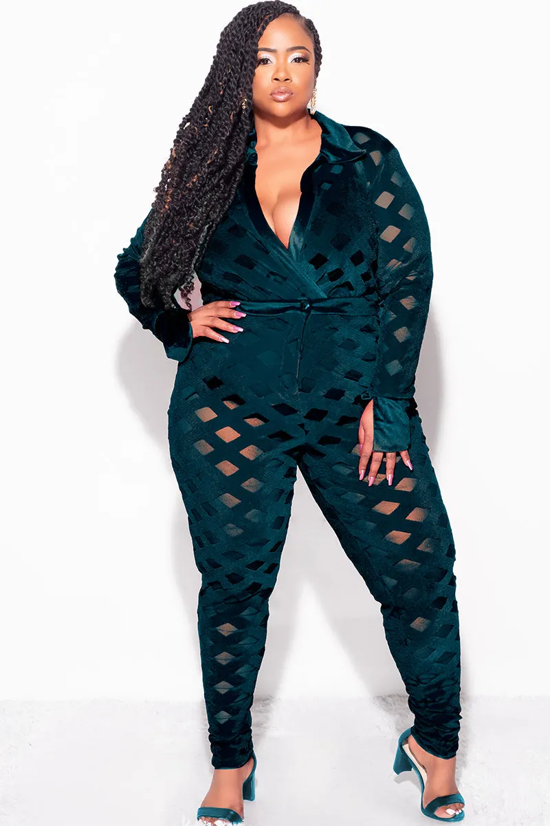 Final Sale Plus Size 2Pc Velvet Pants & Long Sleeve Bodysuit in Dark Green Anti Static Finish Flattering Design