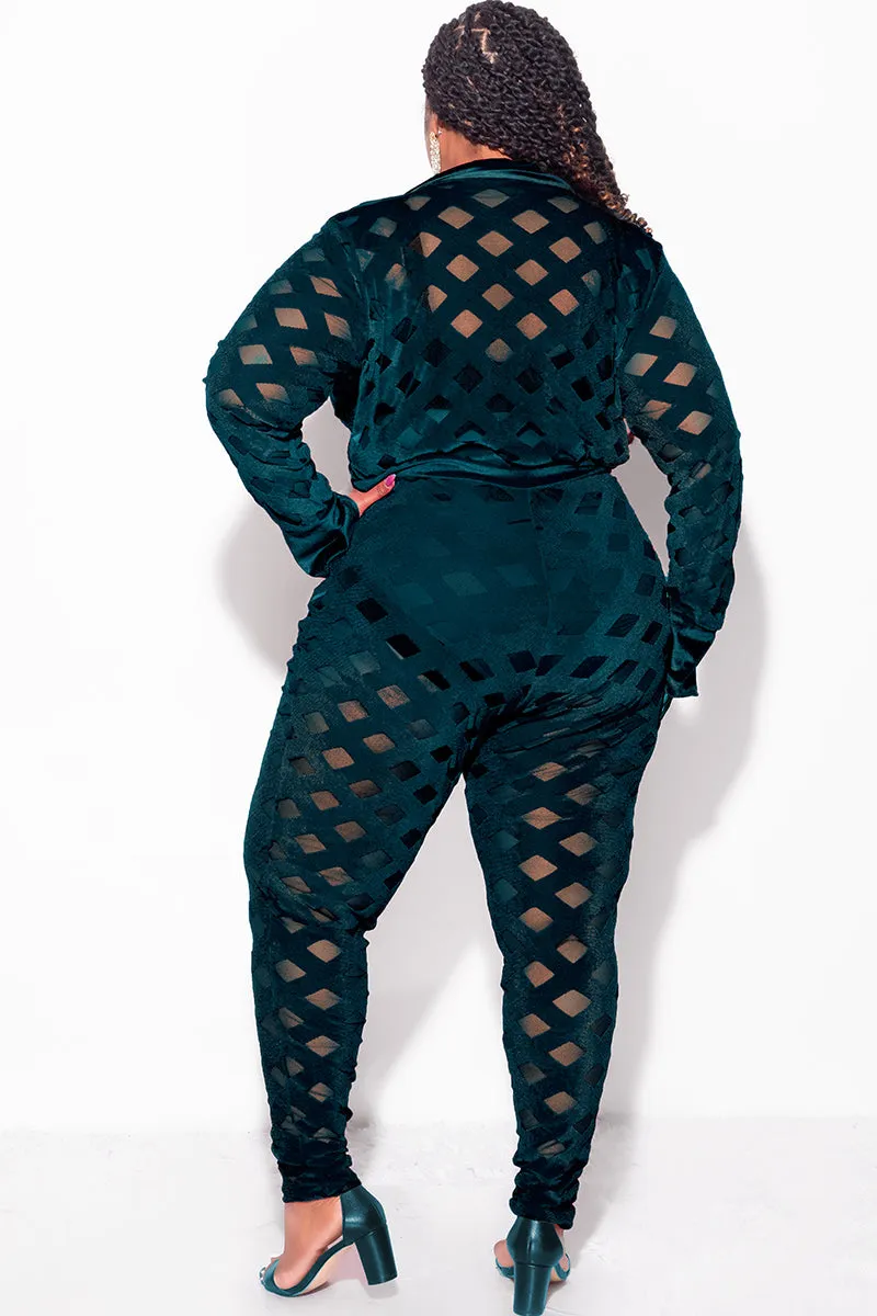 Final Sale Plus Size 2Pc Velvet Pants & Long Sleeve Bodysuit in Dark Green All-day Flex StaticDissipative