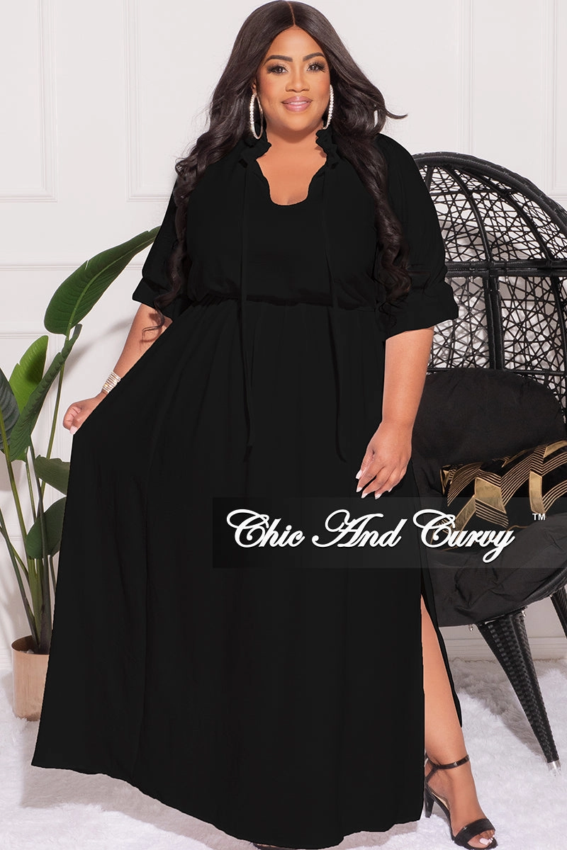 Modern Waist Abrasion Proof Reinforcements Final Sale Plus Size Balloon Sleeve Crop Top and Maxi Skirt Set in Black