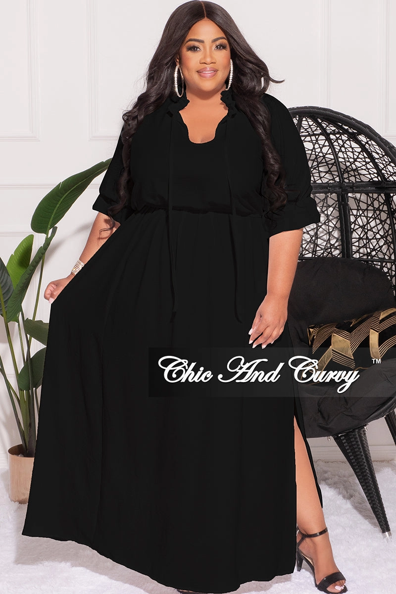 Final Sale Plus Size Balloon Sleeve Crop Top and Maxi Skirt Set in Black Casual Fit Design Office Appropriate