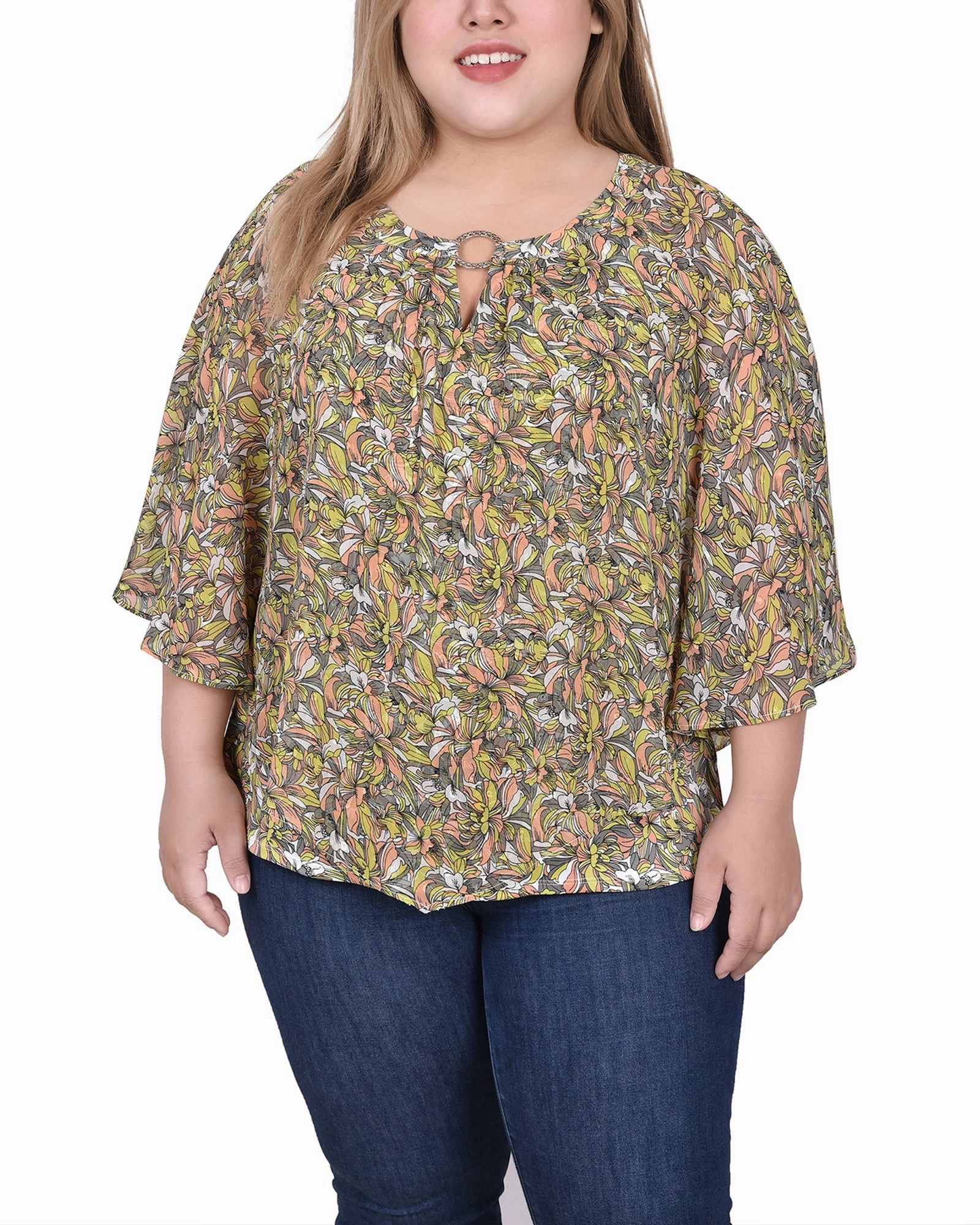 Plus Size Chiffon Poncho Top With Ring Casual dress Stretch Weave Construction