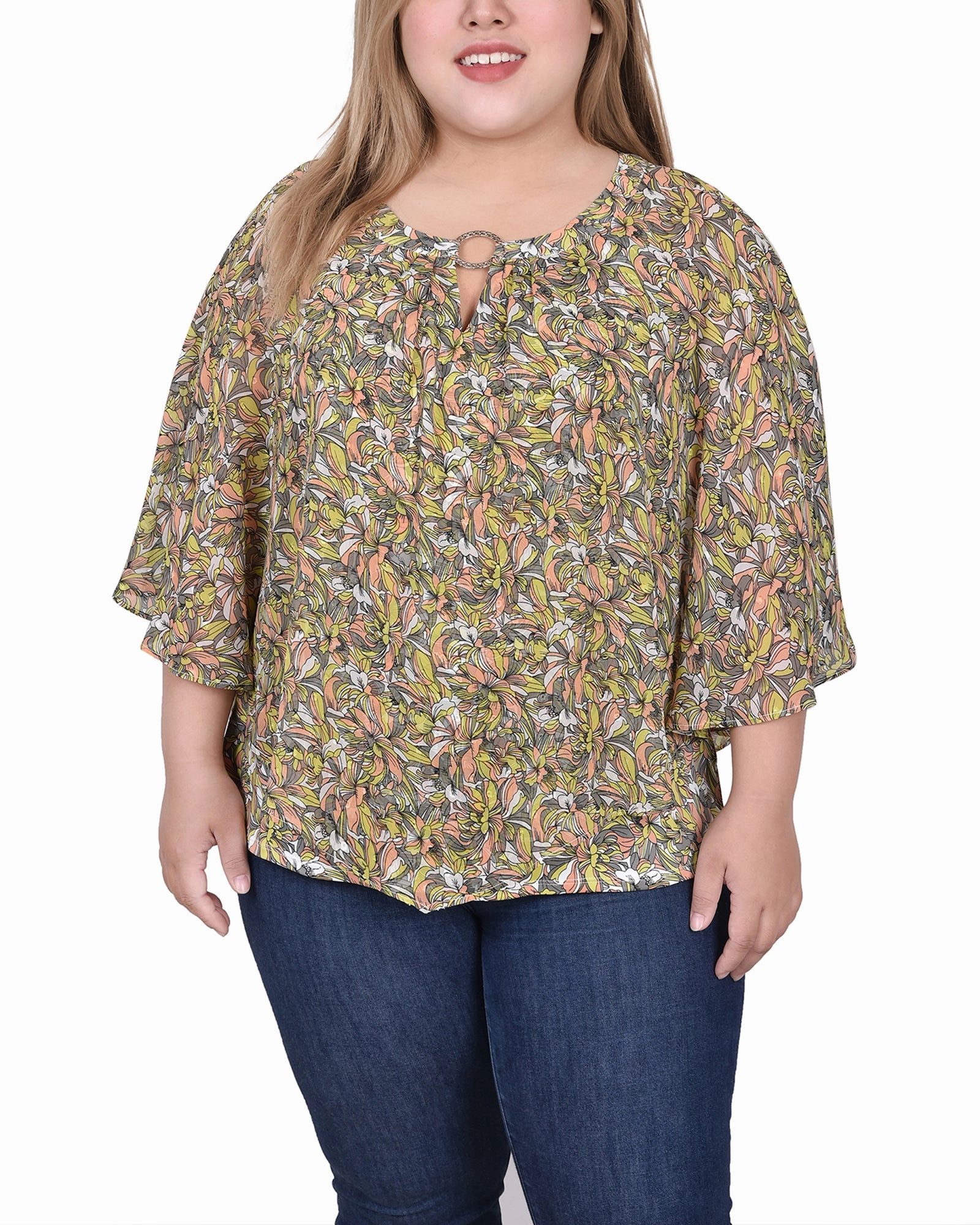 Plus Size Chiffon Poncho Top With Ring Butter Soft Handfeel