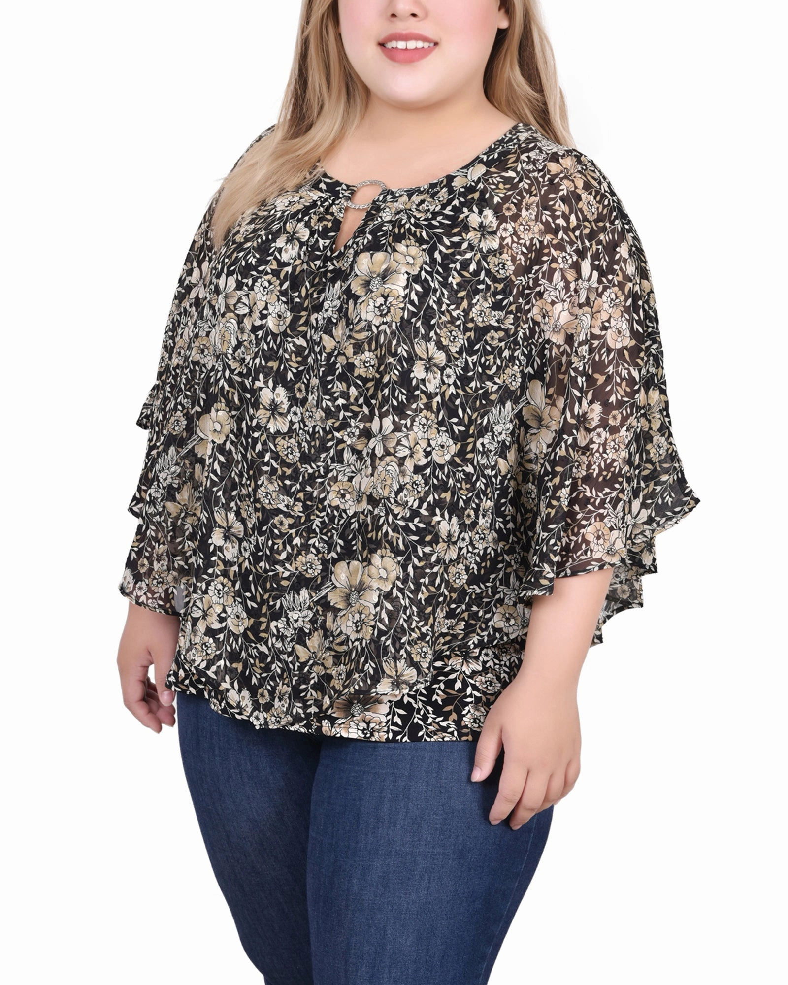 Plus Size Chiffon Poncho Top With Ring LatticeKnit LightweightWeave