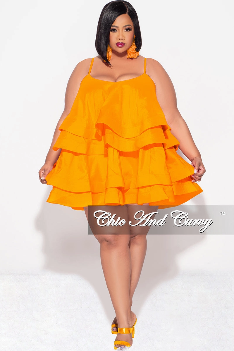 Flattering Look Final Sale Plus Size Spaghetti Strap Tiered Ruffle Mini Dress in Orange