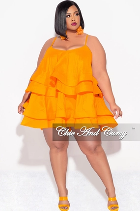 Final Sale Plus Size Spaghetti Strap Tiered Ruffle Mini Dress in Orange Air Comfort
