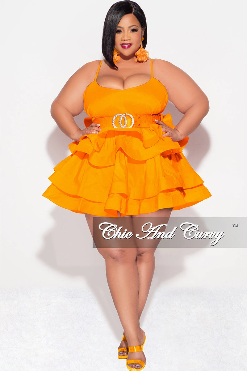 Lightweight insulation Chilly Layering Final Sale Plus Size Spaghetti Strap Tiered Ruffle Mini Dress in Orange