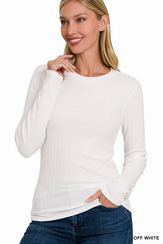 Rhonda Ribbed Long Sleeve Round Neck Top Ribbed Neckline