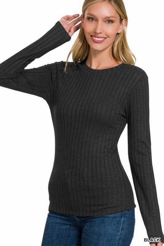 VentilatedBackPanel Rhonda Ribbed Long Sleeve Round Neck Top