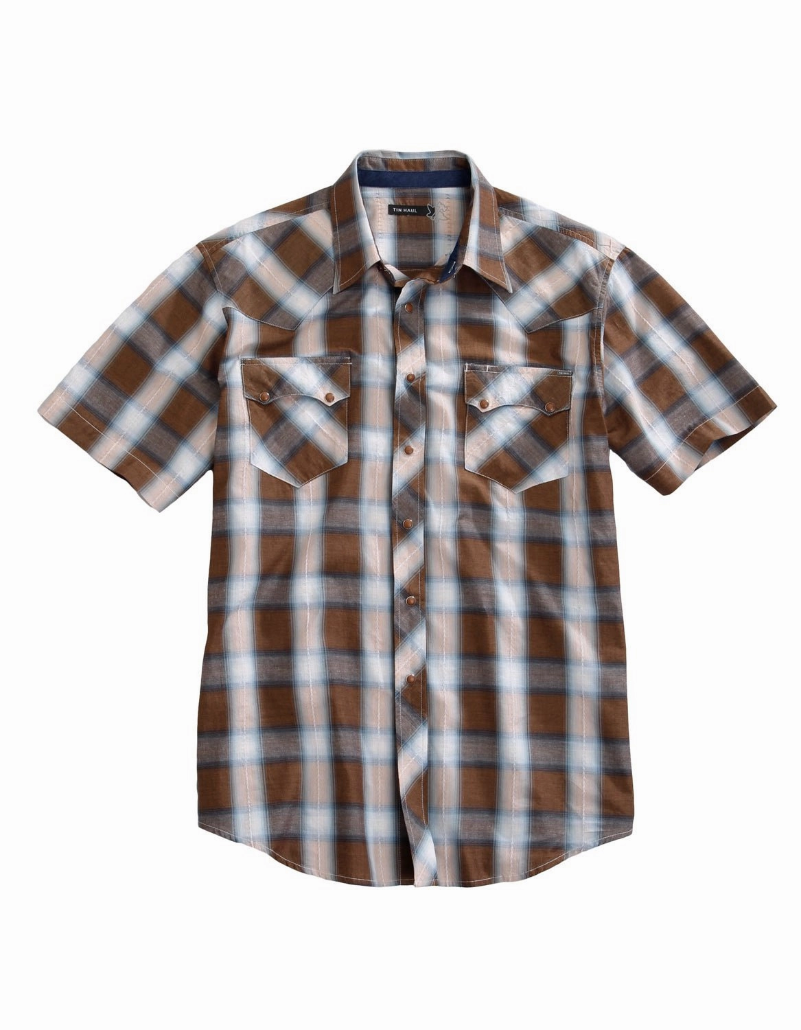 Geometric Pattern Ergonomic Sleeve Cut Tin Haul Mens Saddle Dobby Plaid Brown 100% Cotton S/S Shirt