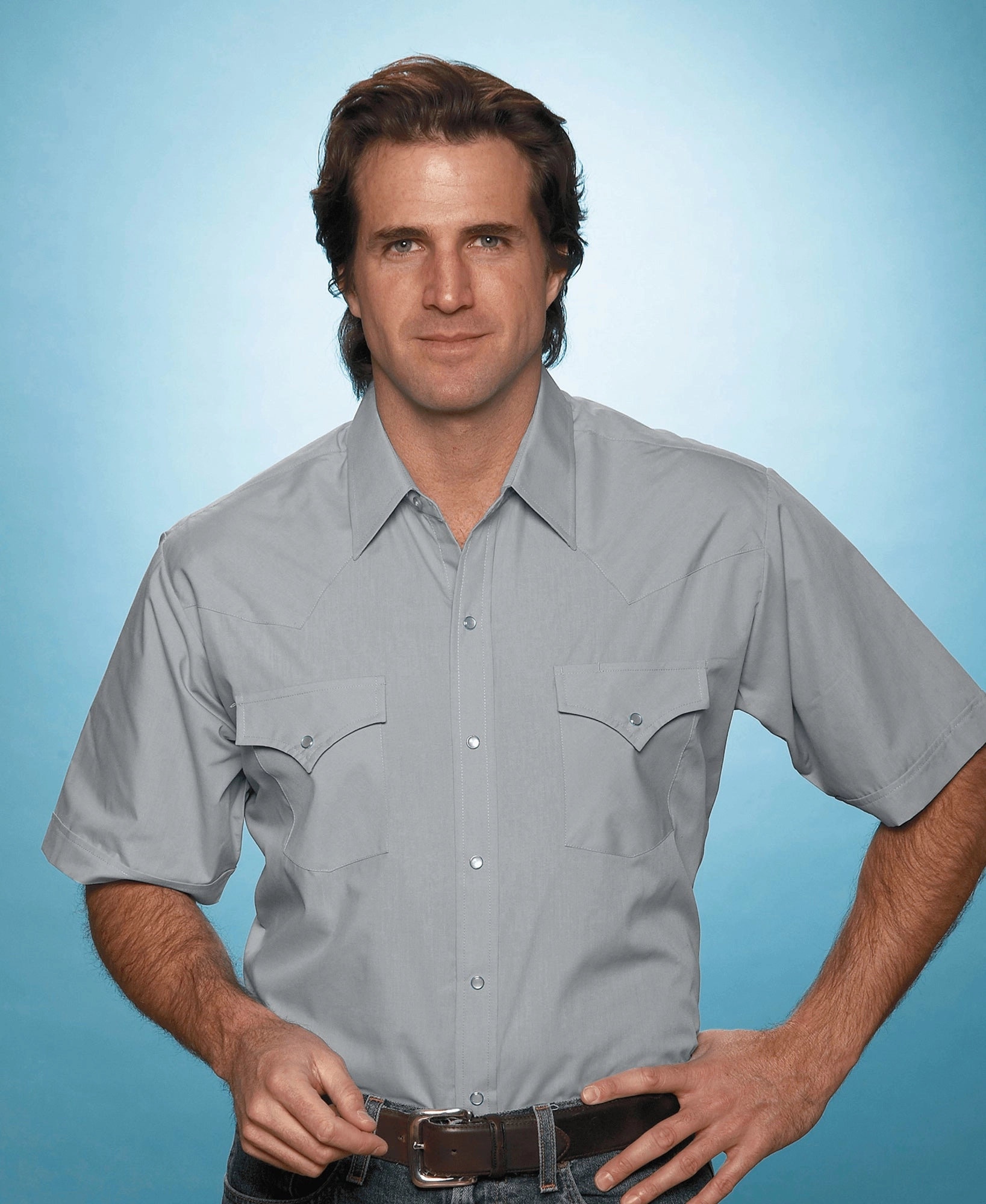 Ely & Walker Mens Solid Gray Western Shirt S/S Poly/Cotton Tall Fitted Silhouette Fast Drying