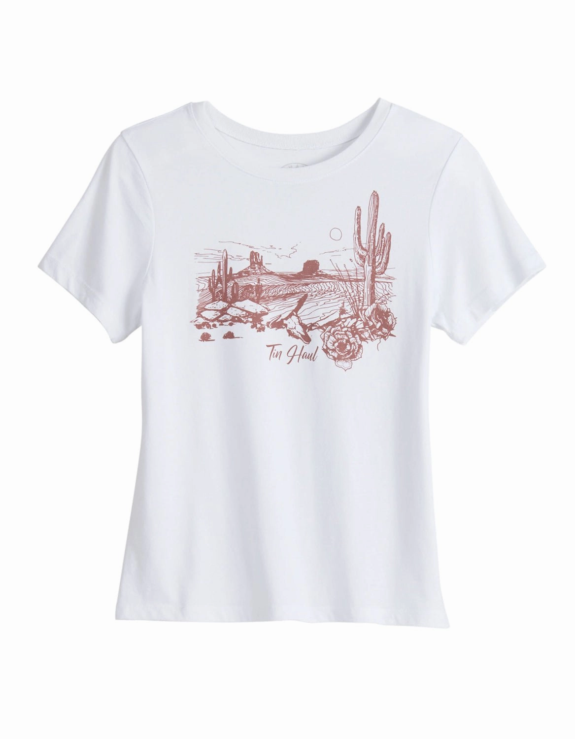 Tin Haul Womens Red Desert Scene White Cotton Blend S/S T-Shirt Reinforced Seams