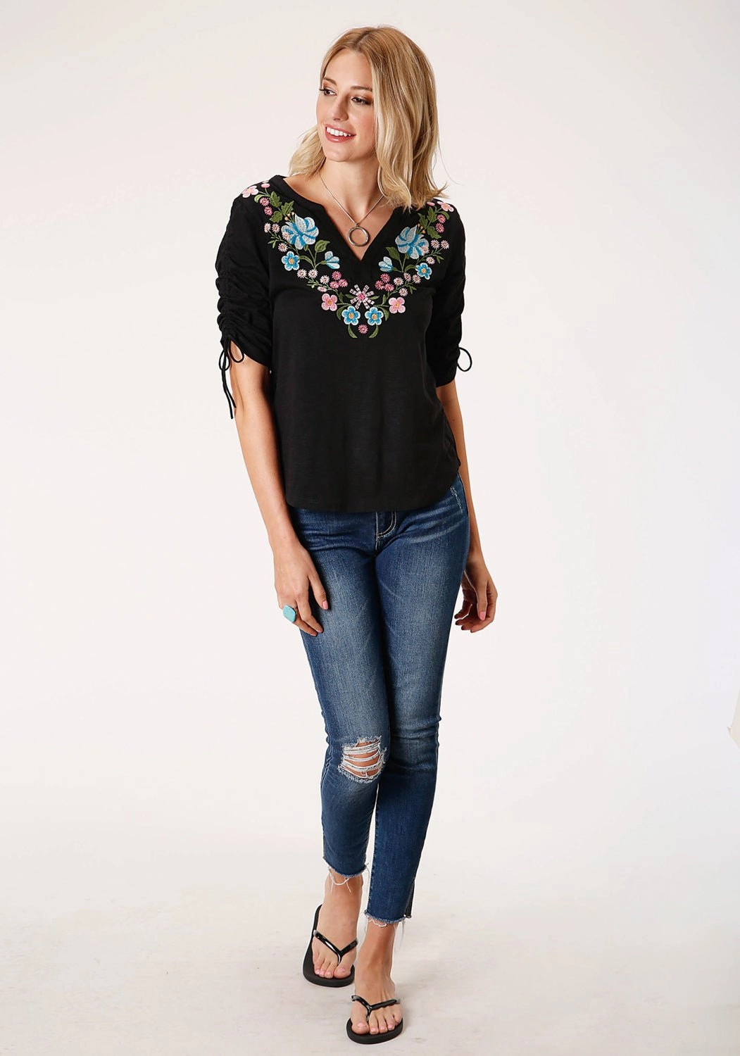 Sheer Panel Roper Womens Black 100% Cotton Floral Crewel S/S Ties Tunic