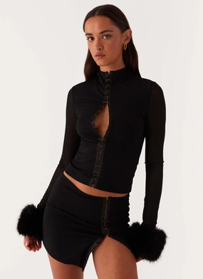 Anti Pilling Treatment Stylish Look Tayanna Fur Trim Long Sleeve Top - Black