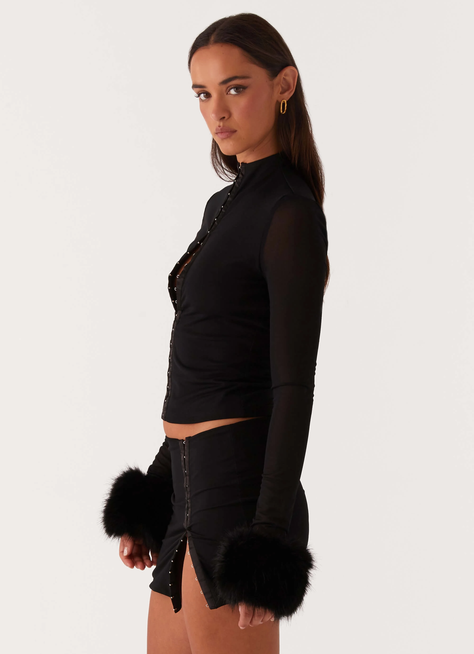 Tayanna Fur Trim Long Sleeve Top - Black Contoured Side Panels