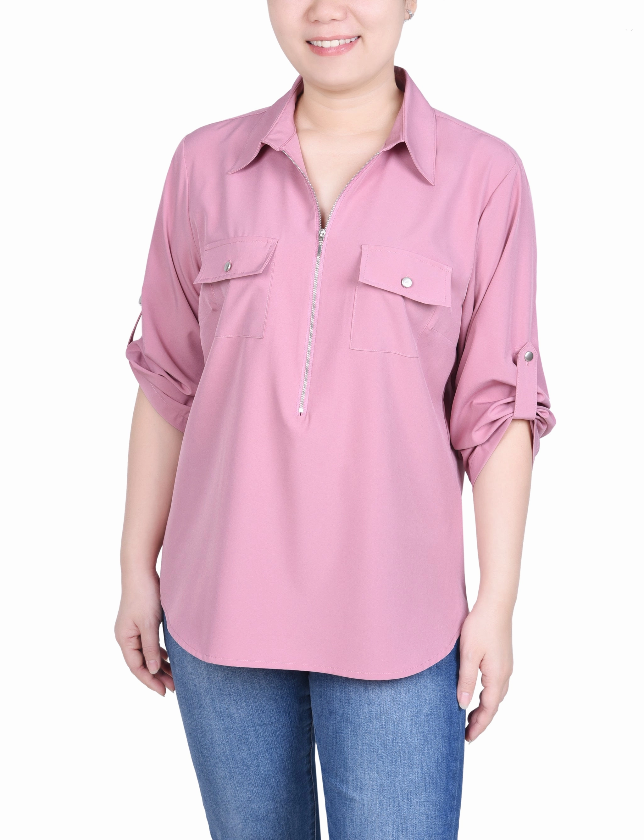 Petite 3/4 Roll Tab Sleeve Zip Front Blouse Flexible Waistband Ergonomic Pattern Design