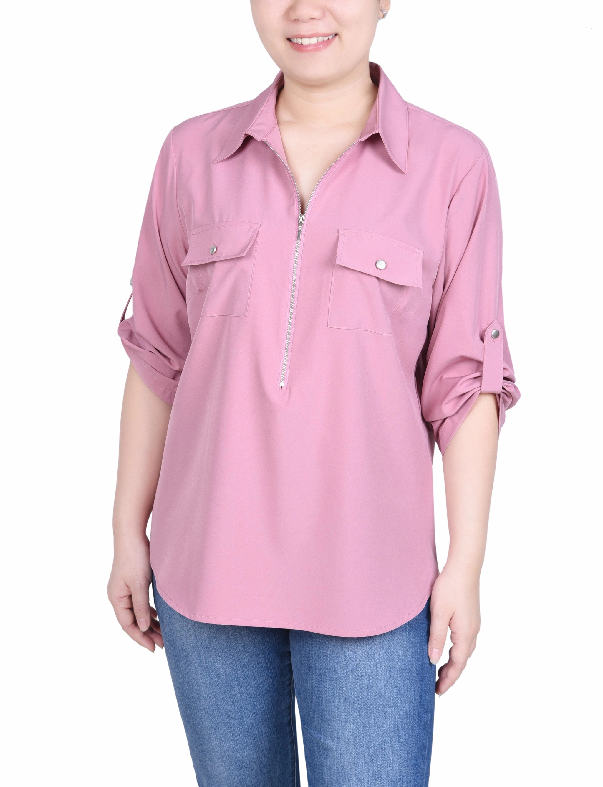 Anti Odor Treatment Petite 3/4 Roll Tab Sleeve Zip Front Blouse