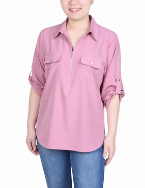 Anti Odor Treatment Petite 3/4 Roll Tab Sleeve Zip Front Blouse