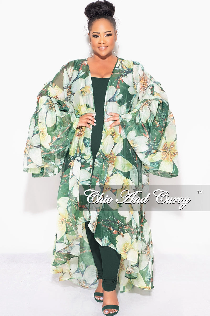 Wrinklefree Final Sale Plus Size Ruffle Sleeve Kimono Duster in Olive Green Floral