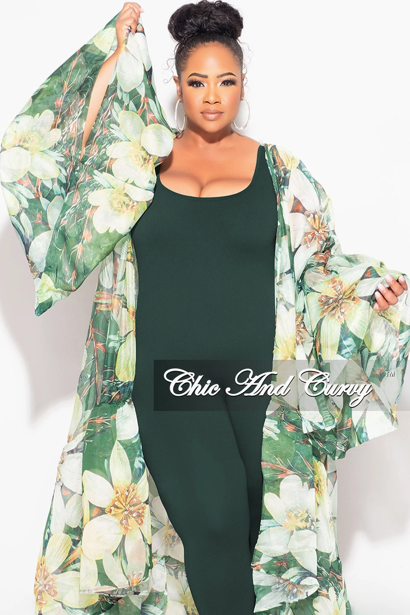 Final Sale Plus Size Ruffle Sleeve Kimono Duster in Olive Green Floral Mesh Panel