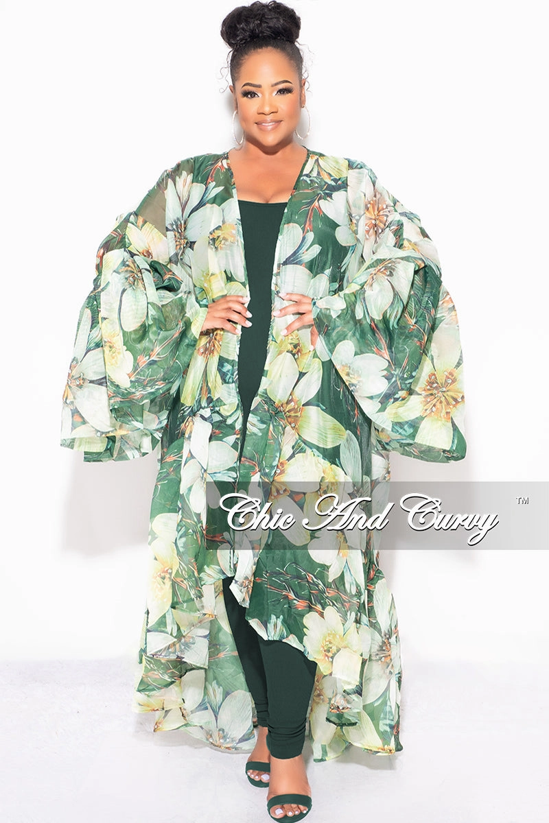 Air Flow Final Sale Plus Size Ruffle Sleeve Kimono Duster in Olive Green Floral