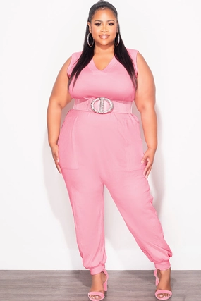 Boho chic High Durability Stitching Final Sale Plus Size Sleeveless Harem Jumpsuit in Pink