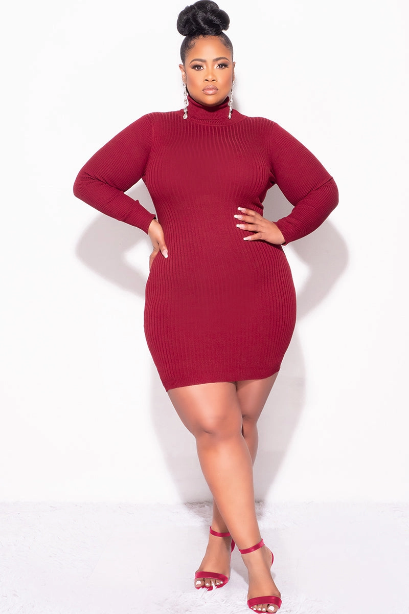 Durable Waistband Eco Friendly Dye Process Final Sale Plus Size Ribbed Turtle Neck Dress in Burgundy
